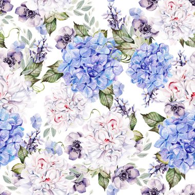 Şakayık, hudrangea ve şakayık desenli suluboya desen. 