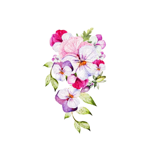 Υδατογραφία πολύχρωμο μπουκέτο με πανσές λουλούδια. — Φωτογραφία Αρχείου