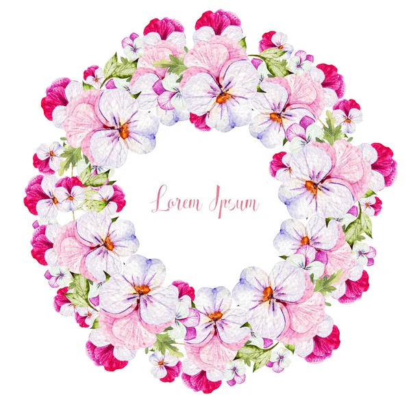 Watercolor colorful  wreath with pansy flowers. — Stock Photo, Image
