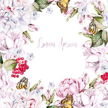 Watercolor wedding card with peony, roses  and red currant, leaves. 