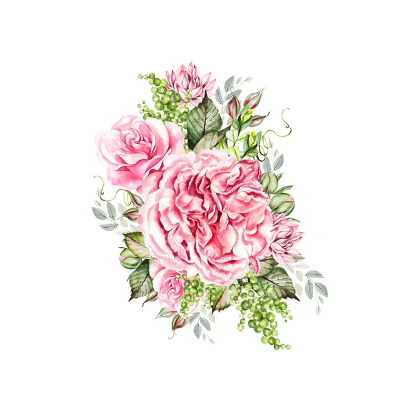 Watercolor wedding card with  roses, peony, succulent. — Stock Photo, Image