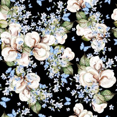 Güzel suluboya desenli pamuklu ve beni unuttu çiçekler, kelebekler ve yapraklar.