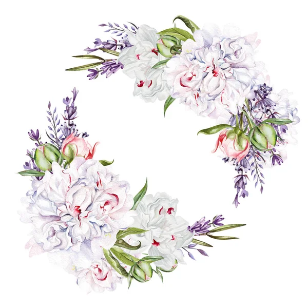 Wunderschöner Aquarell-Hochzeitskranz mit Aquarell-Pfingstrose, Lavendel, Blättern und Beeren. — Stockfoto