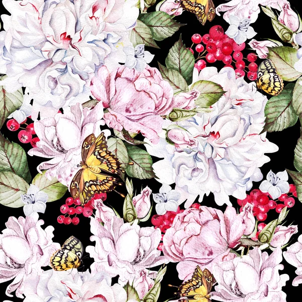 Schöne Aquarell nahtlose Muster mit Rosen und Pfingstrose, rote Johannisbeere, Schmetterling. — Stockfoto