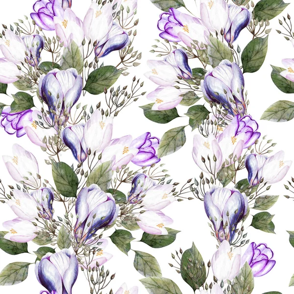 Watercolor wedding pattern with tulip and crocus flowers. — Stock Photo, Image