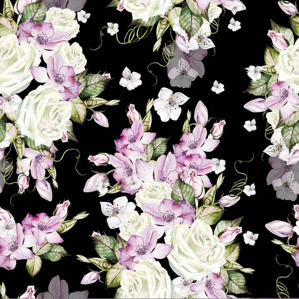 Aquarel trouwpatroon met rozen en anemoon bloemen. — Stockfoto