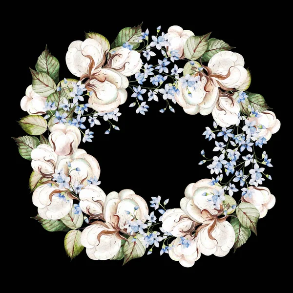 Bright watercolor  wreath with forgot me not  flowers and cotton. — Stock Photo, Image