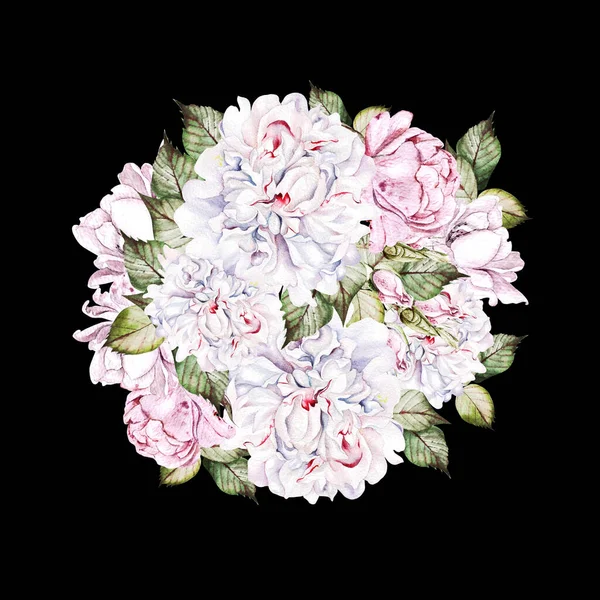 Belle carte aquarelle avec pivoine, rose et feuilles. Couronne de mariage. — Photo