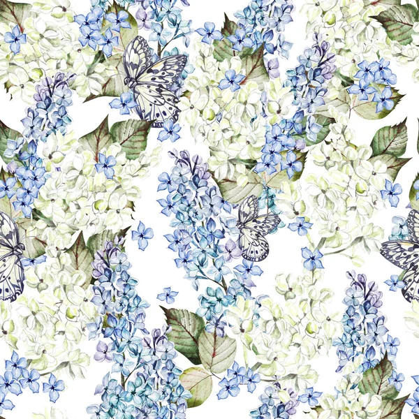 Aquarell nahtloses Muster mit lila Blüten und Blättern. — Stockfoto