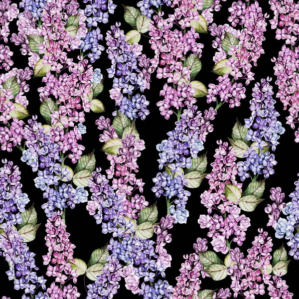 Aquarel naadloos patroon met lila bloemen en bladeren. — Stockfoto