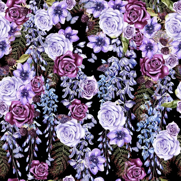 美丽的水彩画无缝的夏季花纹背景，热带花，紫藤，玫瑰，海葵. — 图库照片