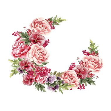 Şakayık çiçekleri ile suluboya düğün çelengi. 