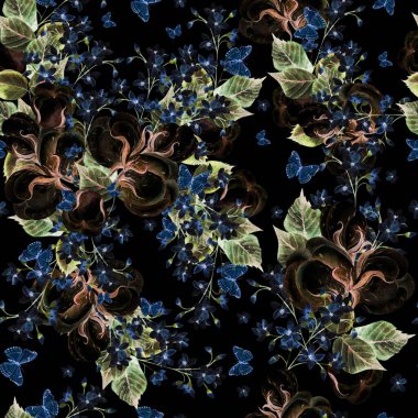 Güzel suluboya desenli pamuklu ve beni unuttu çiçekler, kelebekler ve yapraklar.