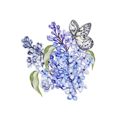 Leylak çiçekli suluboya düğün buketi. 