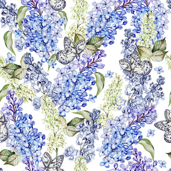 Watercolor seamless pattern with lilac flowers and leaves. — Stock Photo, Image