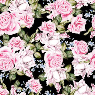 Güzel suluboya desenli güller ve unutulmuş çiçekler. . 