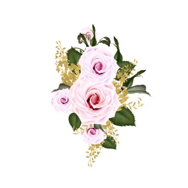 Gül ve tomurcuklu buket, yapraklı.