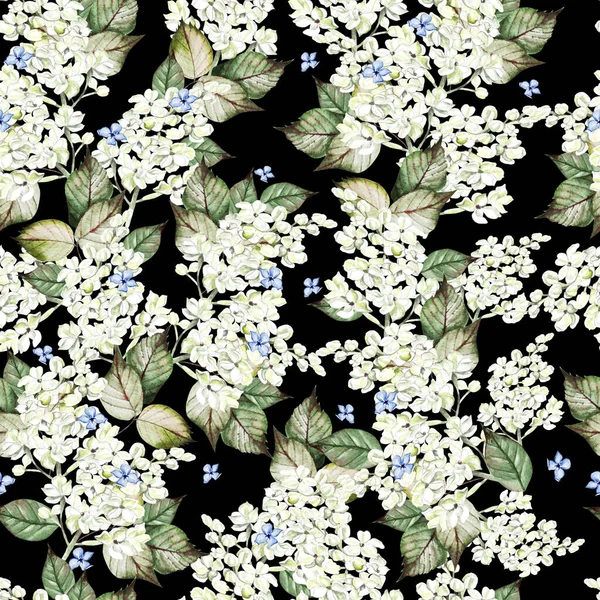 Aquarel naadloos patroon met lila bloemen en bladeren. — Stockfoto