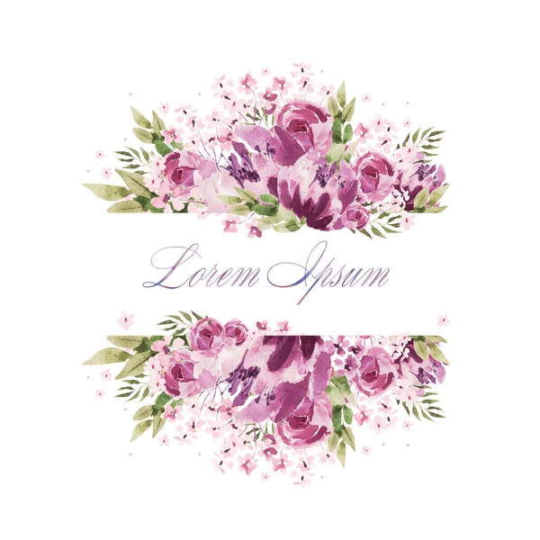Mooie aquarel bruiloft paarse krans met rozen bloemen en pioen, bladeren. — Stockfoto