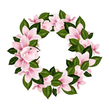 Manolya çiçekli el çizimi çelenk. 