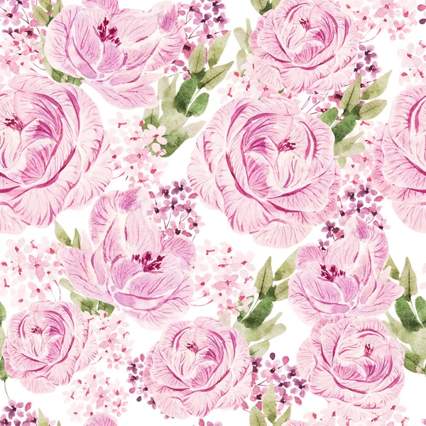 Mooi aquarel naadloos patroon met rozen en pioenroos. — Stockfoto