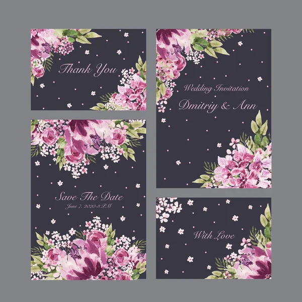 Schöne Aquarell-Hochzeitskarte mit Rosen, Pfingstrosen und Blättern. — Stockfoto