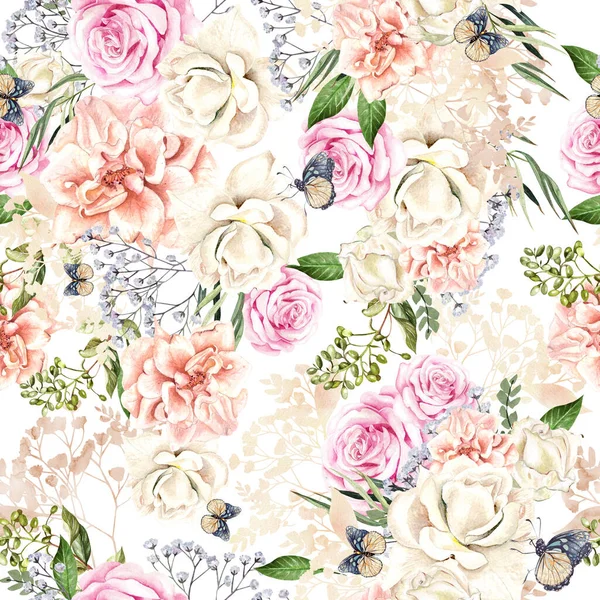 Beau motif aquarelle avec des roses et des fleurs de pivoine, des feuilles et des papillons . — Photo