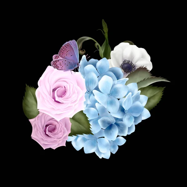 Schöner Hochzeitsstrauß mit Rosen und Hortensien. — Stockfoto