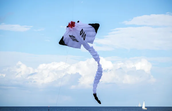 Aquilone a forma di raggio che vola nel vento contro il cielo blu — Foto Stock