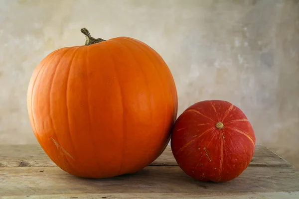 Dvě dýně v oranžové a červené jako dekorace podzim pro halloween a díkůvzdání na rustikální dřevo — Stock fotografie