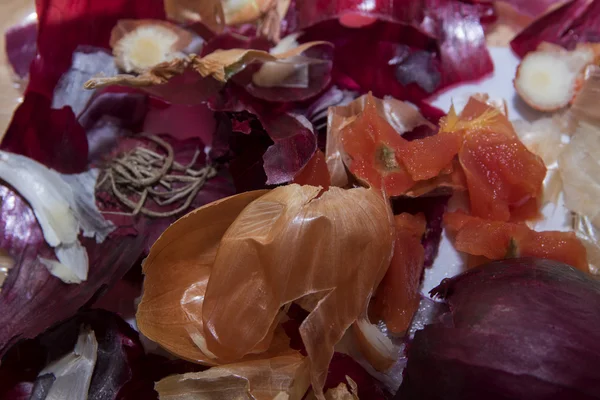 Matlagning bakgrund, vegetabiliskt avfall som röd och brun lök skal och tomat bitar — Stockfoto