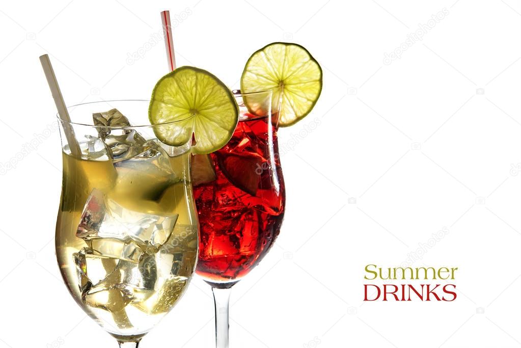 Red and yellow cocktail, fresh mixed drinks from juice with lime and ice, isolated on white