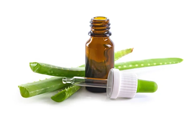 Aloe vera leafs and a brown glass bottle with pipette, tincture for medicinal uses — Stock Photo, Image