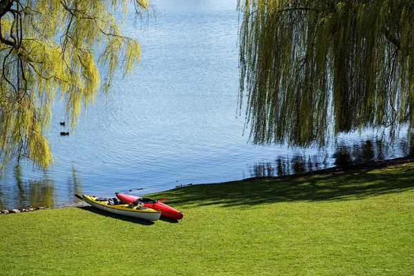 Zwei Kajaks liegen auf der Wiese unter Bäumen am breiten Ufer eines Sees, bereit für Freizeitaktivitäten — Stockfoto