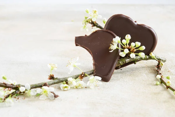 Dos corazones de chocolate, uno mordido, junto a una rama de flor, amor cóncavo — Foto de Stock