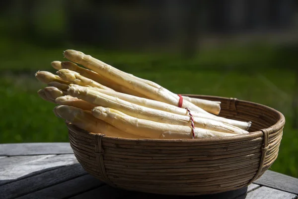 Lanzas de espárragos blancos, cultivo fresco en una canasta sobre una mesa de madera al aire libre Fotos de stock