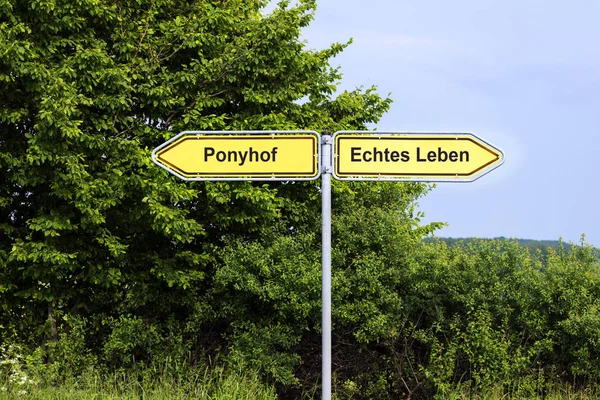 Yellow road signs pointing in opposite directions with german text Ponyhof,  Echtes Leben, that means Pony Farm, Real Life — Stock Photo, Image