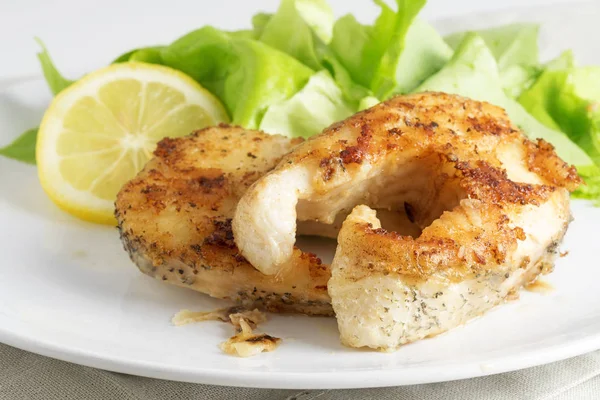 Bistecche di luccio fritte del nord con limone e lattuga, farina di carboidrati bassa sana, primo piano — Foto Stock