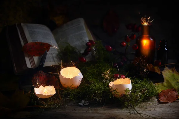 发光和闪闪发光的蛋壳和药房瓶前的一个神奇的书苔藓和秋叶, 黑暗的乡村木背景, 万圣节概念, 神秘的平静的生活 — 图库照片