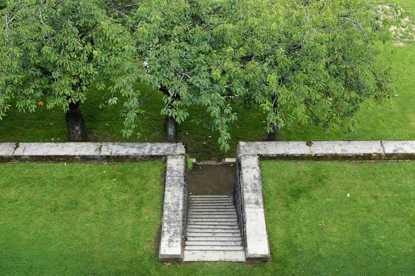 Projeto formal do jardim, escada de pedra no gramado leva até o pomar, vista areal de cima, espaço de cópia — Fotografia de Stock
