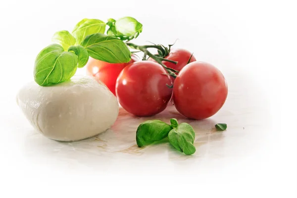 Mozzarella, tomates et basilic, caprese italienne, sur une plaque de marbre clair, fond d'angle fondu au blanc, espace de copie — Photo