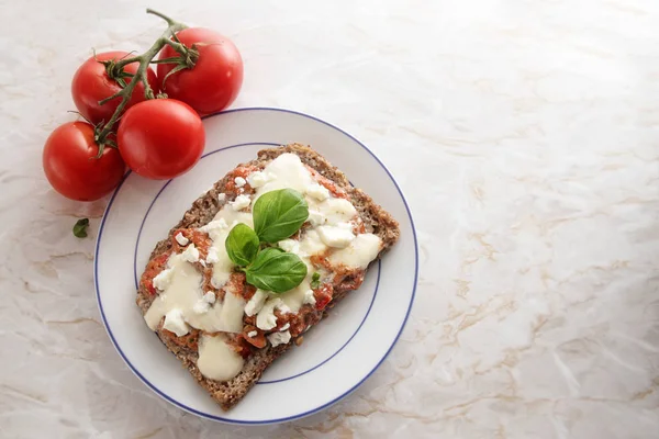 Ντομάτα salsa και μοτσαρέλα τυρί τριμμένη σε ψωμί ολικής άλεσης με γαρνιτούρα βασιλικό σε ένα πιάτο, ανοιχτόχρωμο μάρμαρο φόντο, αντιγράψτε χώρο, υψηλής γωνία θέα από ψηλά — Φωτογραφία Αρχείου