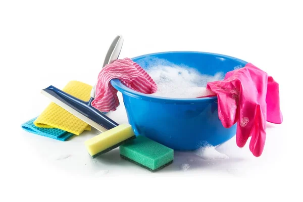 Spring cleaning, blue plastic bowl with soap foam and colorful household utensils such as cleaning cloth, sponges and rubber gloves, isolated with shadow on a white background, copy space — Stock Photo, Image