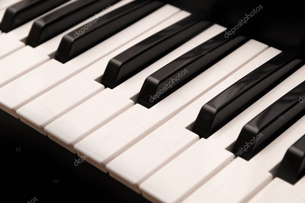 Classic grand piano keyboard with black and white keys as a music background