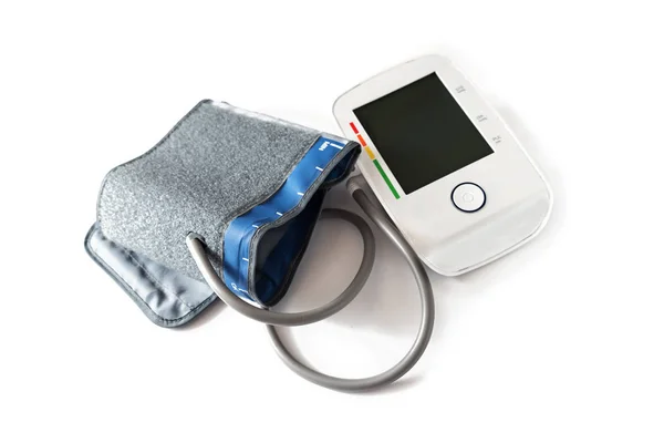 Vérnyomás mérő jelzi a magas vérnyomás és a pulzus, elszigetelt fehér háttér, egészségügyi és orvosi berendezések, üres digitális monitorral — Stock Fotó
