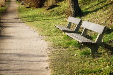 Akşam güneşi, kopya alanı parkında bir yolda iki ahşap banklar
