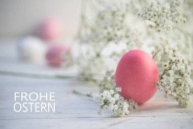 pembe yumurta ve beyaz boyalı rustik ahşap, Alman metin Frohe Ostern (Happy Easter gypsophila (Bebek nefes çiçek))