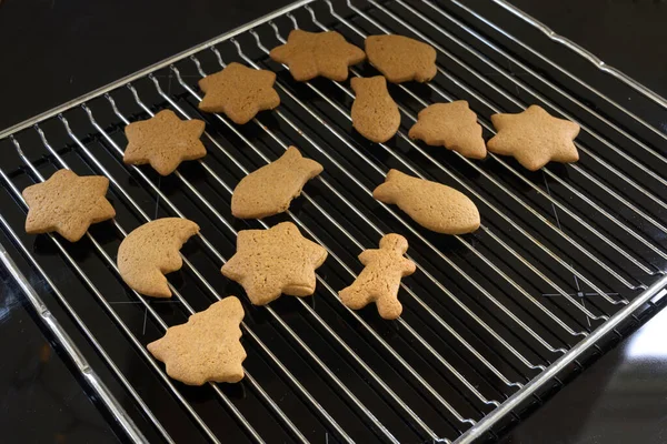 Freshly baked gingerbread cookies for Christmas cool down on a metal baking grid over a black background — Stock Photo, Image