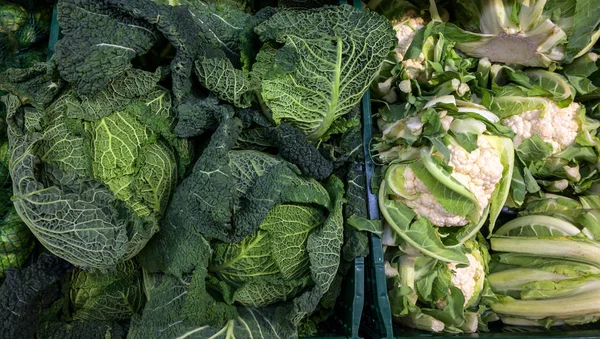 Col y coliflor de Saboya a la venta en un supermercado, verduras saludables de invierno —  Fotos de Stock