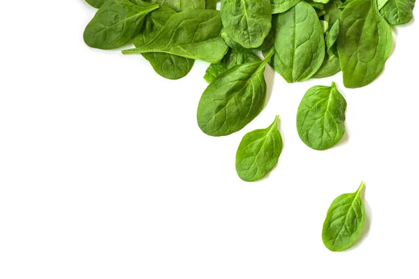 Foglie fresche di spinaci organici come sfondo angolo con spazio copia isolato su bianco, vista dall'alto angolo alto — Foto Stock